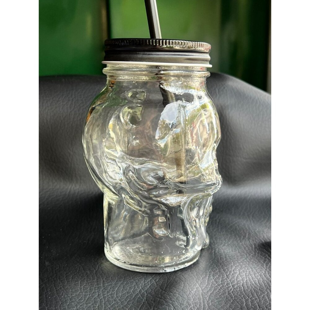 Pottery Barn Skull Glass Mugs Halloween 15 Ounce‎ Lid & Straw ~ To Go - Picture 3 of 9